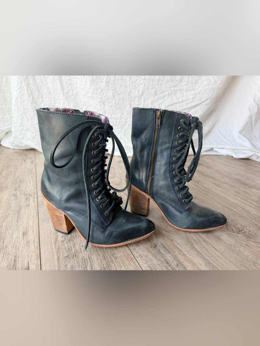 Freebird Rebel Navy Pointed Toe Laced Up Leather Boots Wooden Heel